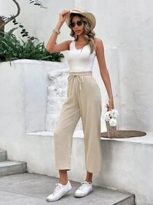 SHEIN Frenchy Solid Earthy Clothes Drawstring Waist Cropped Pants Winter Brown - Khaki - View 4