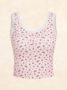 ROMWE Kawaii Ditsy Floral Lace Trim Tank Top