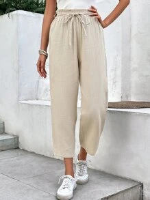 SHEIN Frenchy Solid Earthy Clothes Drawstring Waist Cropped Pants Winter Brown - Khaki - View 5