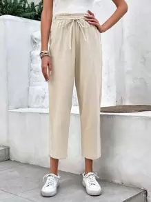 SHEIN Frenchy Solid Earthy Clothes Drawstring Waist Cropped Pants Winter Brown - Khaki - View 6