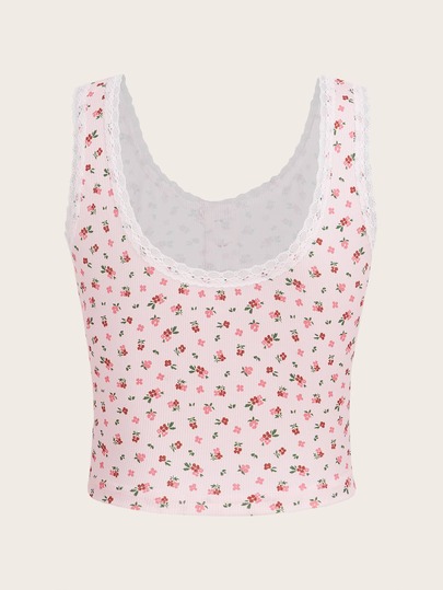 Kawaii Camisetas y Tops de Tirantes de Mujer Botón Encaje en contraste Canalé floral de margarita Bohemio