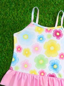 Toddler Girls Floral Print Ruffle Trim One Piece Swimsuit - Multicolor - View 4