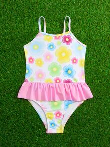 Toddler Girls Floral Print Ruffle Trim One Piece Swimsuit - Multicolor - View 5