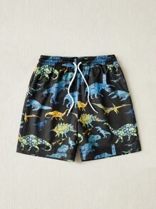 SHEIN Boys Dinosaur Print Drawstring Waist Swim Shorts - Black - View 5