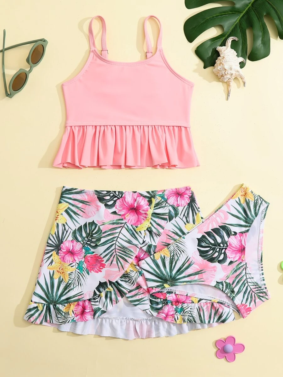 Young Girl Tropical Print Ruffle Hem Bikini Set With Beach Skirt Summer Beach - Multicolor - View 1