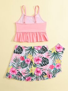 Young Girl Tropical Print Ruffle Hem Bikini Set With Beach Skirt Summer Beach - Multicolor - View 2