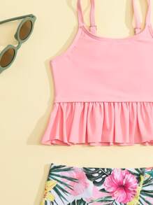 Young Girl Tropical Print Ruffle Hem Bikini Set With Beach Skirt Summer Beach - Multicolor - View 3