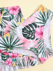 Young Girl Tropical Print Ruffle Hem Bikini Set With Beach Skirt Summer Beach - Multicolor - View 4