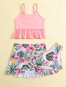 Young Girl Tropical Print Ruffle Hem Bikini Set With Beach Skirt Summer Beach - Multicolor - View 5