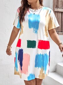 SHEIN Holidaya Plus Brush Print Tee Dress - White - View 4