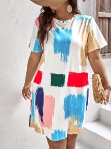 SHEIN Holidaya Plus Brush Print Tee Dress - White - View 5