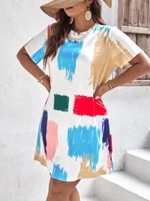 SHEIN Holidaya Plus Brush Print Tee Dress - White - View 6