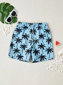 SHEIN Tween Boy Palm Tree Print Swim Shorts - Baby Blue - View 1