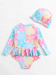 SHEIN 嬰兒女孩花卉印花拉鍊前擺泳裝連裙式下擺及泳帽 - 彩色 - 查看 2