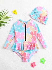 SHEIN 嬰兒女孩花卉印花拉鍊前擺泳裝連裙式下擺及泳帽 - 彩色 - 查看 5