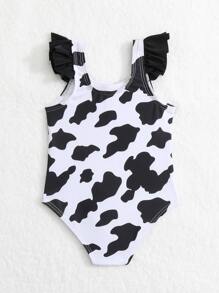 Baby Girl Cow Print Ruffle Trim One Piece Swimsuit - Black and White - View 2