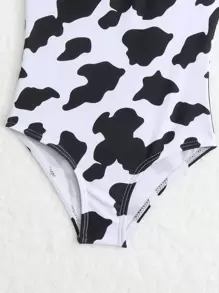 Baby Girl Cow Print Ruffle Trim One Piece Swimsuit - Black and White - View 4