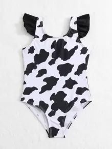 Baby Girl Cow Print Ruffle Trim One Piece Swimsuit - Black and White - View 5