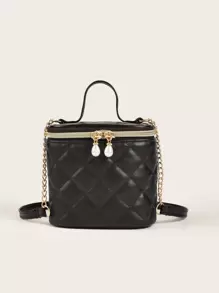 Girls Quilted Embossed Faux Pearl Decor Bucket Bag - Black - View 1