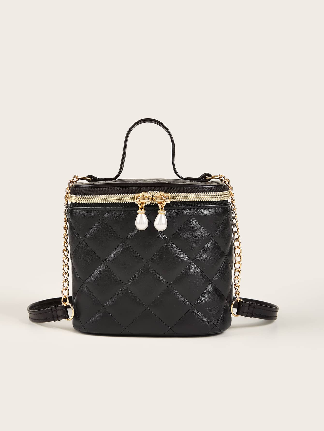 Girls Quilted Embossed Faux Pearl Decor Bucket Bag - Black - View 1