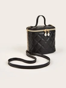 Girls Quilted Embossed Faux Pearl Decor Bucket Bag - Black - View 2