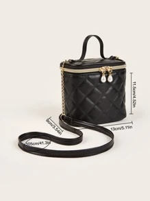 Girls Quilted Embossed Faux Pearl Decor Bucket Bag - Black - View 5