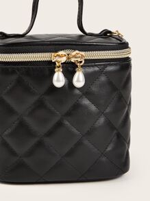 Girls Quilted Embossed Faux Pearl Decor Bucket Bag - Black - View 6