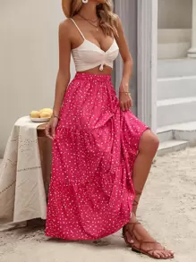 Breezaya Váy Maxi chấm bi bèo nhún viền trang phục đi biển cho phụ nữ - Màu Hồng Tươi - Xem 1
