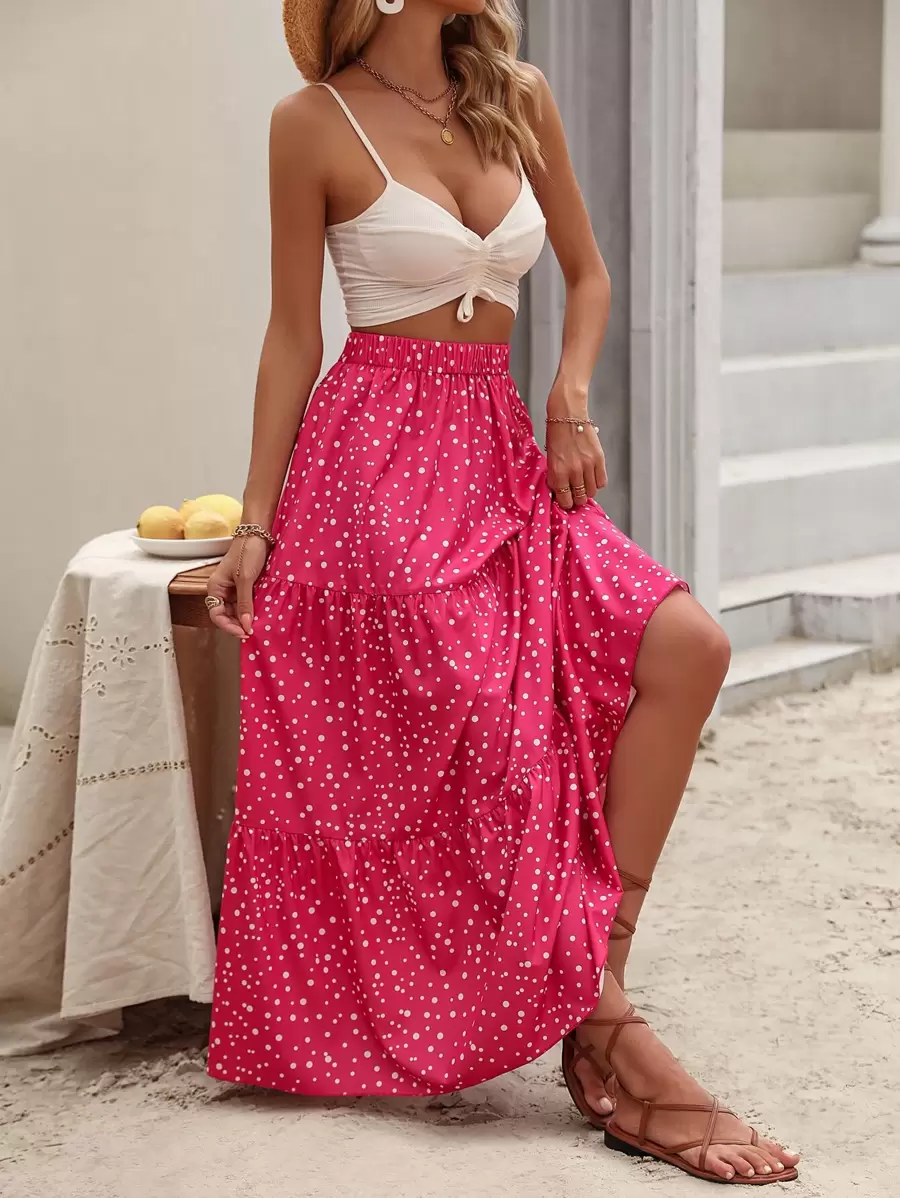 Breezaya Váy Maxi chấm bi bèo nhún viền trang phục đi biển cho phụ nữ - Màu Hồng Tươi - Xem 1