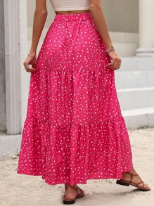 Breezaya Váy Maxi chấm bi bèo nhún viền trang phục đi biển cho phụ nữ - Màu Hồng Tươi - Xem 2