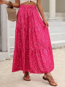 Breezaya Váy Maxi chấm bi bèo nhún viền trang phục đi biển cho phụ nữ - Màu Hồng Tươi - Xem 3
