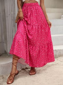 Breezaya Váy Maxi chấm bi bèo nhún viền trang phục đi biển cho phụ nữ - Màu Hồng Tươi - Xem 4
