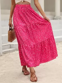 Breezaya Váy Maxi chấm bi bèo nhún viền trang phục đi biển cho phụ nữ - Màu Hồng Tươi - Xem 5