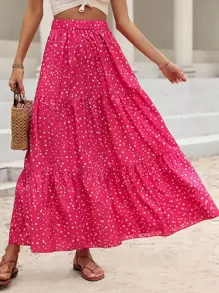 Breezaya Váy Maxi chấm bi bèo nhún viền trang phục đi biển cho phụ nữ - Màu Hồng Tươi - Xem 6