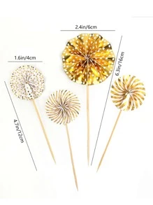 4pcs Paper Fan Shaped Cake Topper, Metallic Round Cake Decoration For Birthday Party - Gold - View 2