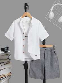 SHEIN Leap Crew Tween Boy Letter Patched Detail Shirt & Shorts Without Tee - White - View 1