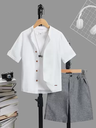 SHEIN Leap Crew Tween Boy Lapp med text detalj Skjorta & Shorts Utan T-shirt