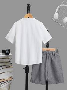 SHEIN Leap Crew Tween Boy Letter Patched Detail Shirt & Shorts Without Tee - White - View 2