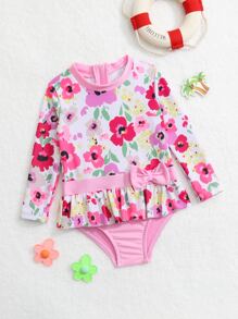 Baby Floral Print Bow Front One Piece Swimsuit - Multicolor - View 1