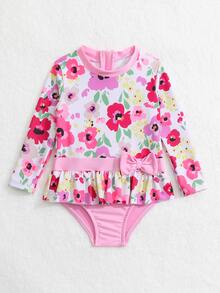 Baby Floral Print Bow Front One Piece Swimsuit - Multicolor - View 5