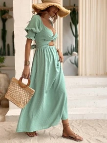 SHEIN VCAY Swiss Dot Twist Front Cut Out Dress - Mint Green - View 3