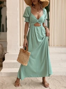 SHEIN VCAY Swiss Dot Twist Front Cut Out Dress - Mint Green - View 6