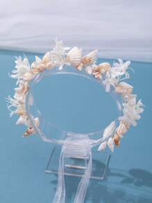 1 件女士森系手工花朵贝壳发带，白色沙滩发饰，适合户外派对和新娘婚礼波西米亚风头饰 - 白色 - 查看 1