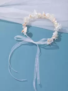 1 件女士森系手工花朵贝壳发带，白色沙滩发饰，适合户外派对和新娘婚礼波西米亚风头饰 - 白色 - 查看 2