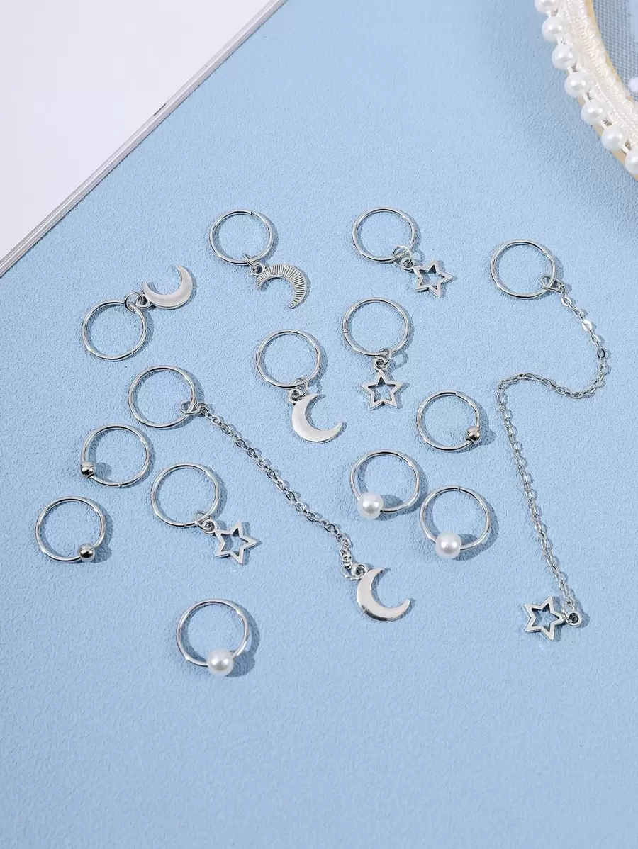 14枚星月吊飾髮圈街頭 - 銀色 - 查看 1