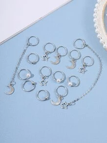 14枚星月吊飾髮圈街頭 - 銀色 - 查看 2