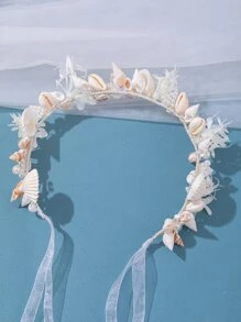 1 件女士森系手工花朵贝壳发带，白色沙滩发饰，适合户外派对和新娘婚礼波西米亚风头饰 - 白色 - 查看 6