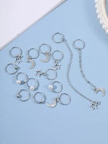 14枚星月吊飾髮圈街頭 - 銀色 - 查看 3