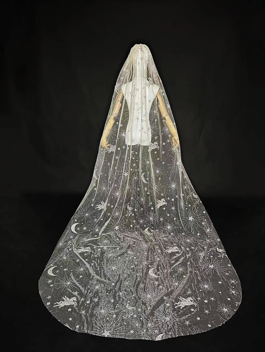Unicorn & Star Pattern Bridal Veil Fall Clothes For Women - Champagne - View 1