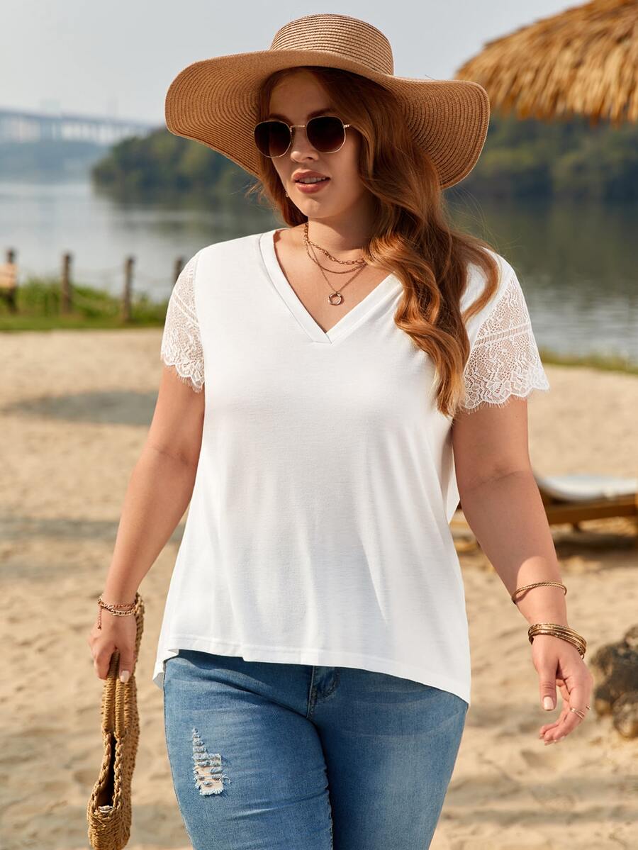 SHEIN Frenchy Plus Contrast Lace Sleeve V Neck Tee - White - View 1